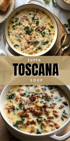 two bowls of toscana soup with bread on the side