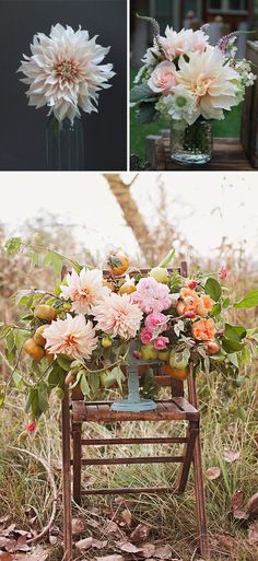 an old chair with flowers and fruit on it is sitting in front of a tree