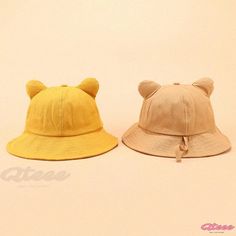 Qteee - Adorable School Style Fisherman Hat with Cartoon Cat Ears Cute Cotton Hat For Outdoor, Cute Cotton Outdoor Hat, Cute Bucket Hat For Outdoor, Cute Outdoor Brimmed Hat, Cute Brimmed Outdoor Hat, Cute Outdoor Bucket Hat, Cute Adjustable Winter Bucket Hat, Cute Yellow Adjustable Bucket Hat, Cute Adjustable Yellow Bucket Hat