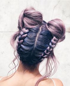 Hair Braid Bun Tutorial, Space Buns, Hair Bun Tutorial, Cute Braided Hairstyles, Braided Bun, Diy Hair, Hair Dos, Purple Hair, Gorgeous Hair