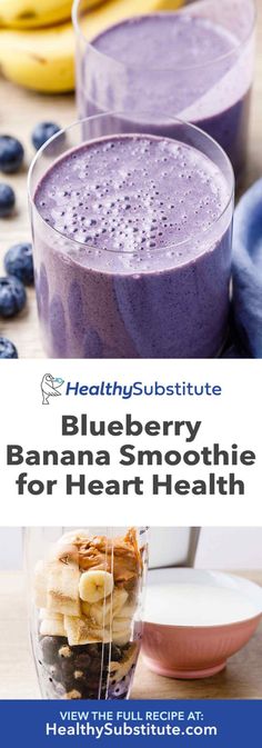 blueberry banana smoothie for heart health with text overlay that reads healthysubstute