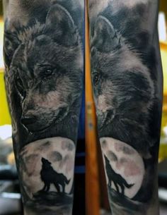 a man with a wolf tattoo on his leg