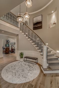 Staircase - Transitional - Staircase - Seattle - by Stefanie Brooks Interior Design | Houzz Remodeling Stairs Ideas, Cozy Staircase, Double Staircase Foyer, Dream Staircase, Open Staircase Ideas, Tall Foyer, Iron Stair Balusters, Foyer With Stairs, Stair Layout