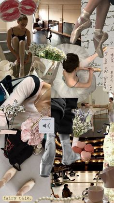 a collage of photos with women and flowers on them, including roses in vases