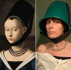 a woman wearing a green helmet next to an image of a mannequin