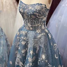 Constellation Dream Sweetheart Embroidered And Tulle Ballgown. Corset Back. Color Busty Blue Celestial Gown, Fae Ball, Constellation Dress, Andrea And Leo, Celestial Dress, Fantasy Ball, Tulle Ballgown, Celestial Wedding, Yule Ball