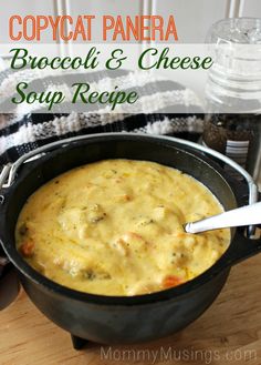 copycat panera broccoli and cheese soup recipe in a cast iron skillet