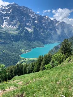 a view of a mountain lake from the top of a hill with grass and trees