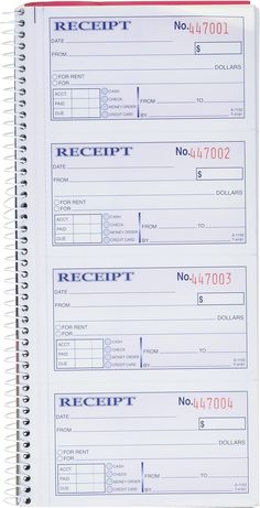 three receipts are stacked on top of each other in a spiral bound notebook with red and blue writing