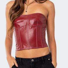 Unworn Still Has Tag Trendy Fitted Faux Leather Top, Trendy Fitted Faux Leather Tops, Red Club Top For Fall, Red Top For Club In Fall, Fitted Faux Leather Casual Tops, Fitted Casual Faux Leather Tops, Red Leather Top, Leather Corset Top, Lace Up Corset