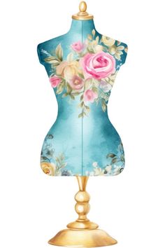 a mannequin with flowers painted on it's body and gold base is shown