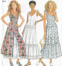 three women's dresses, one with ruffled sleeves and the other with tiered skirt