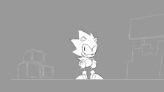 a drawing of sonic the hedgehog standing in front of a building