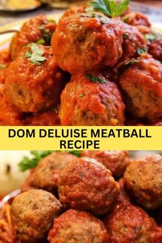 two pictures of meatballs with tomato sauce and parsley on top, one is in the