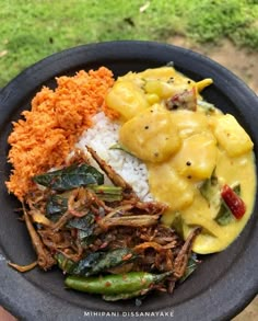 a black plate with rice, meat and vegetables on it in front of some grass