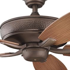 a ceiling fan with two wooden blades on the blade and one light fixture in an antique bronze finish