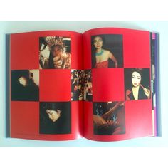 an open red book with pictures of women in squares on the cover and one woman's face