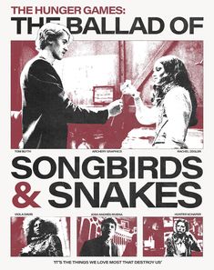 the poster for songbirds and snakes shows two women talking to each other in front of a red background