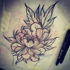 a drawing of a flower with leaves on it