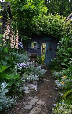 a garden with lots of green plants and flowers on the side of it, surrounded by greenery