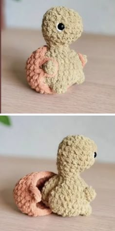 there are two pictures of a small stuffed animal that is made to look like a turtle