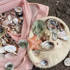 shells and seashells are on the ground next to a pink bag with a starfish in it