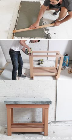 two pictures showing how to build a bench with concrete blocks and wood planks, including a workbench