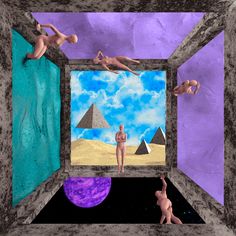 an image of some people in a room with pyramids and other things on the wall