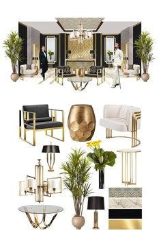 an assortment of modern furniture and decor in gold, black, white and grey colors