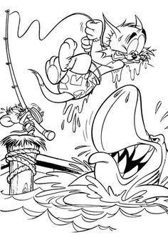 cartoon cat fishing in the water with his friend coloring pages for kids and adults,