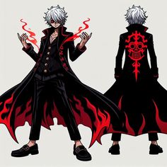 two anime characters dressed in black and red with skulls on their backs, one is holding his hands out