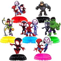 spider - man and other cartoon characters are shown in different colors, shapes and sizes