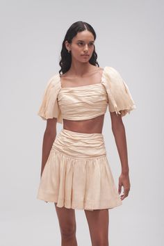 Shop the Orbit Sculptural Pleated Top in Ivory online at Aje. Free Express Shipping available in Australia Over $150. Easy and fuss-free returns. Ruched Crop Top, Bias Cut Skirt, Skirt Zipper, Line Shopping, Denim Accessories, Skirt Fits, Gathered Skirt