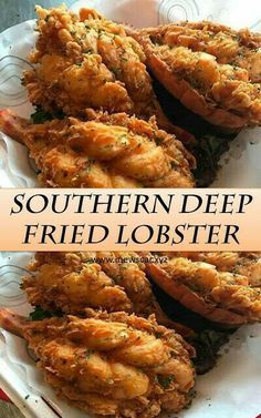 the southern deep fried lobster is served on a white platter with text overlay