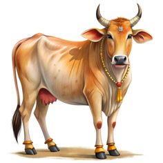 an animal with horns and beads on it's neck stands in front of a white background