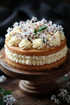 a cake with white frosting and flowers on top sitting on a wooden platter