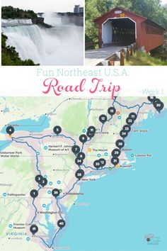 the road trip map is shown with images of waterfalls, and other things to see