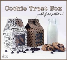 cookie treat box with free pattern and cookies next to milk bottle, chocolate chip cookies