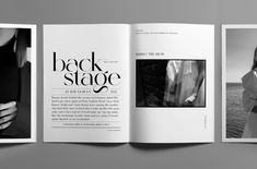 an open magazine with black and white photos on the front, back and inside pages