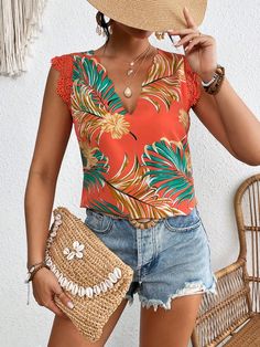 Multicolor Boho Collar Cap Sleeve Woven Fabric Tropical,Plants,All Over Print Top Embellished Non-Stretch  Women Clothing Summer Plant, Everyday Dress, Lace Patchwork, Street Style Summer, Plant Print, Arte Popular, Women Blouses, Everyday Dresses, Tropical Plants