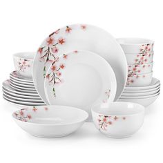 PRICES MAY VARY. 【Elegant Floral Design】This 24-piece ceramic dinnerware set features a sophisticated floral pattern, perfect for upgrading your kitchen decor and table setting. Suitable for both casual and formal dining 【Dishes Set Service for 6】 Includes 6 large dinner plates (10.5"), 6 dessert plates (8"), 6 pasta bowls and 6 versatile bowls (24oz). Ideal for family meals, parties, and everyday use 【High-Quality Ceramic】Crafted from durable porcelain that ensures lasting use while maintaining the set's elegant appearance over time 【Microwave & Dishwasher Safe】Convenient and practical, this dinner set is safe to use in the microwave for quick reheating and easy to clean in the dishwasher 【Space-Saving Design】All pieces of dish set are stackable, helping you save valuable cabinet space an Plates And Bowls Set, Dining Ware, Ceramic Dinnerware Set, Home Wishlist, Ceramic Dinnerware, Porcelain Dinnerware, Soup Plating, Cabinet Space, Dinner Set