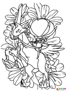 a coloring page with flowers and a bird