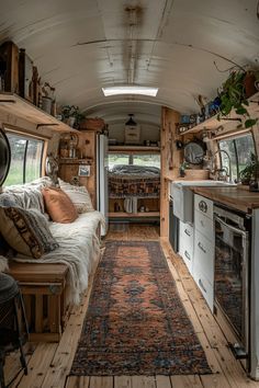 the interior of an rv with wood flooring