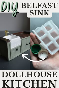 the diy beleast sink and dollhouse kitchen are shown in this collage