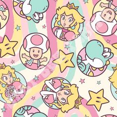 an image of some cartoon characters on a pink and blue background with stars, mushrooms, and other things