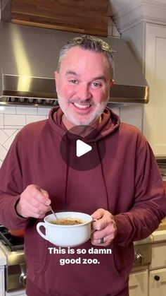 a man holding a bowl of food in his hands with the caption'this is so damn good zoo '