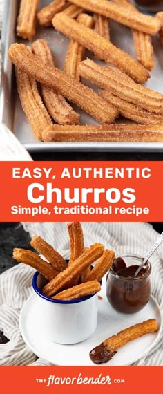 some churros are on a plate with dipping sauce