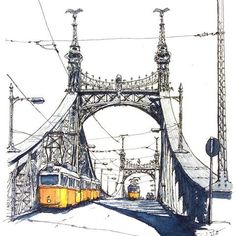 a drawing of a train going over a bridge