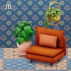 an orange chair next to a potted plant on a blue tiled floor with the word m above it