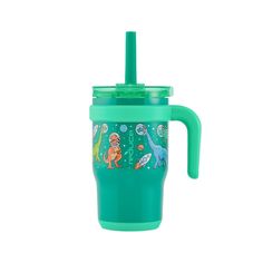 a green sippy cup with dinosaurs on it